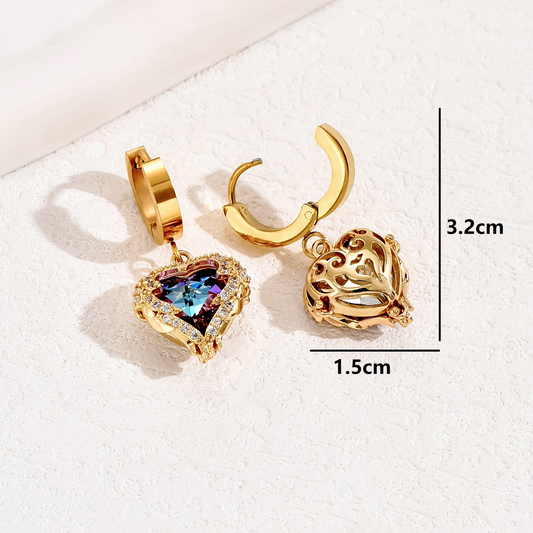 1 Pair Retro Shiny Heart Shape Plating Three-dimensional Inlay Stainless Steel Zircon 18k Gold Plated Drop Earrings