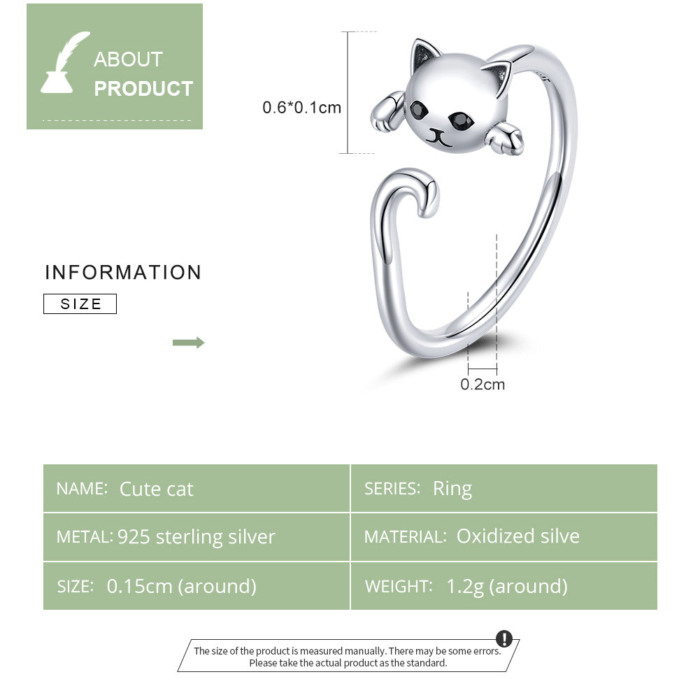 Casual Cute Cat Sterling Silver Inlay Zircon Open Rings