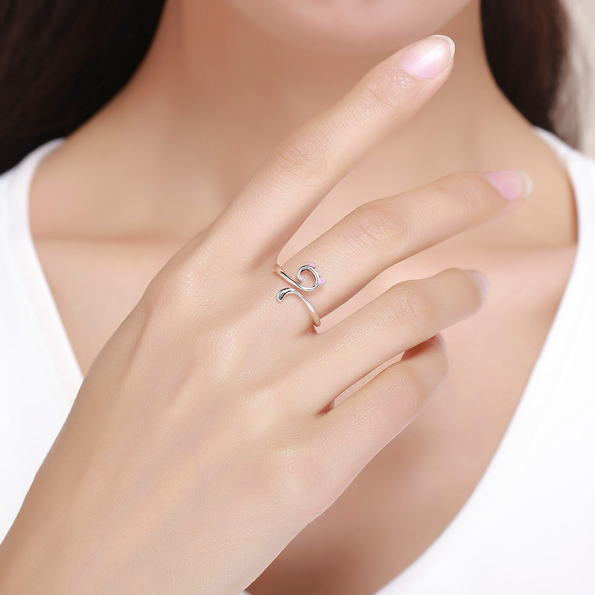 Casual Cute Cat Sterling Silver Inlay Zircon Open Rings