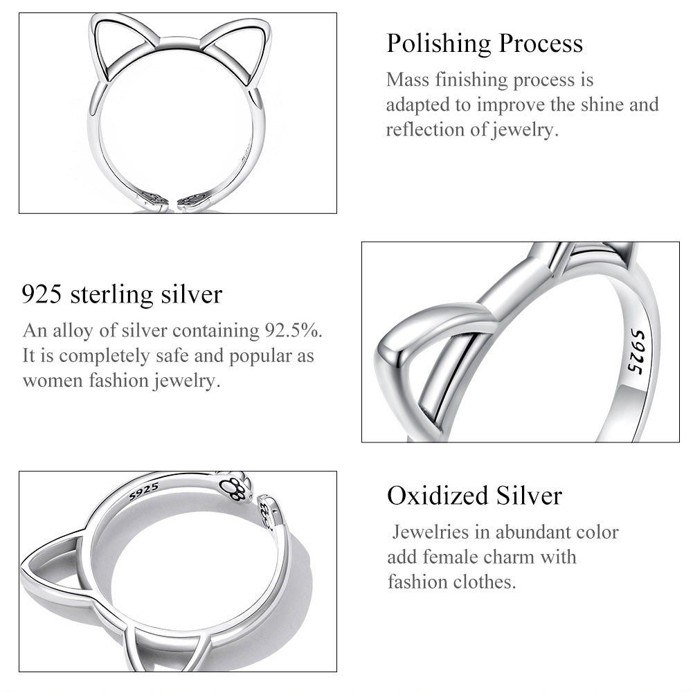 Casual Cute Cat Sterling Silver Inlay Zircon Open Rings