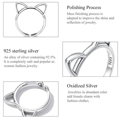 Casual Cute Cat Sterling Silver Inlay Zircon Open Rings