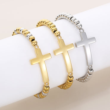 Vintage Style Cross Titanium Steel Plating Inlay Zircon 18k Gold Plated Bracelets