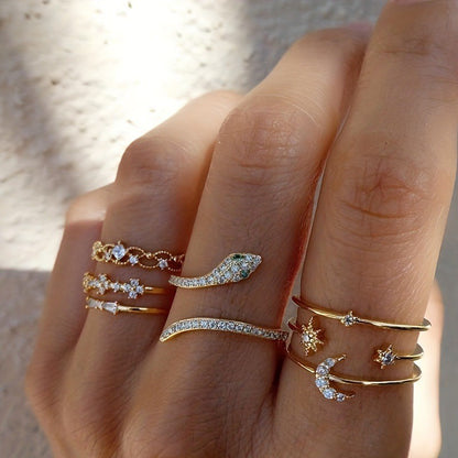 Fashion Triangle Love Heart Full Diamond Butterfly Ring 5-piece Set Creative Retro Female Ring
