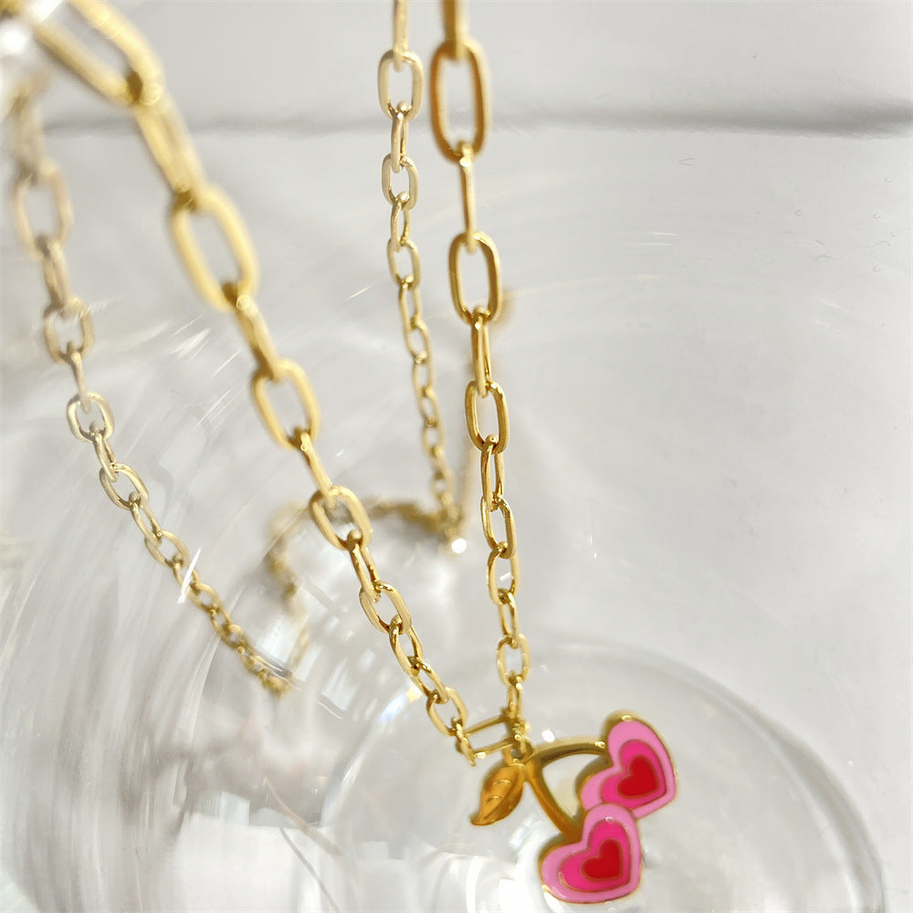 Cute Cherry Heart Shape Titanium Steel Enamel Plating 18k Gold Plated Pendant Necklace