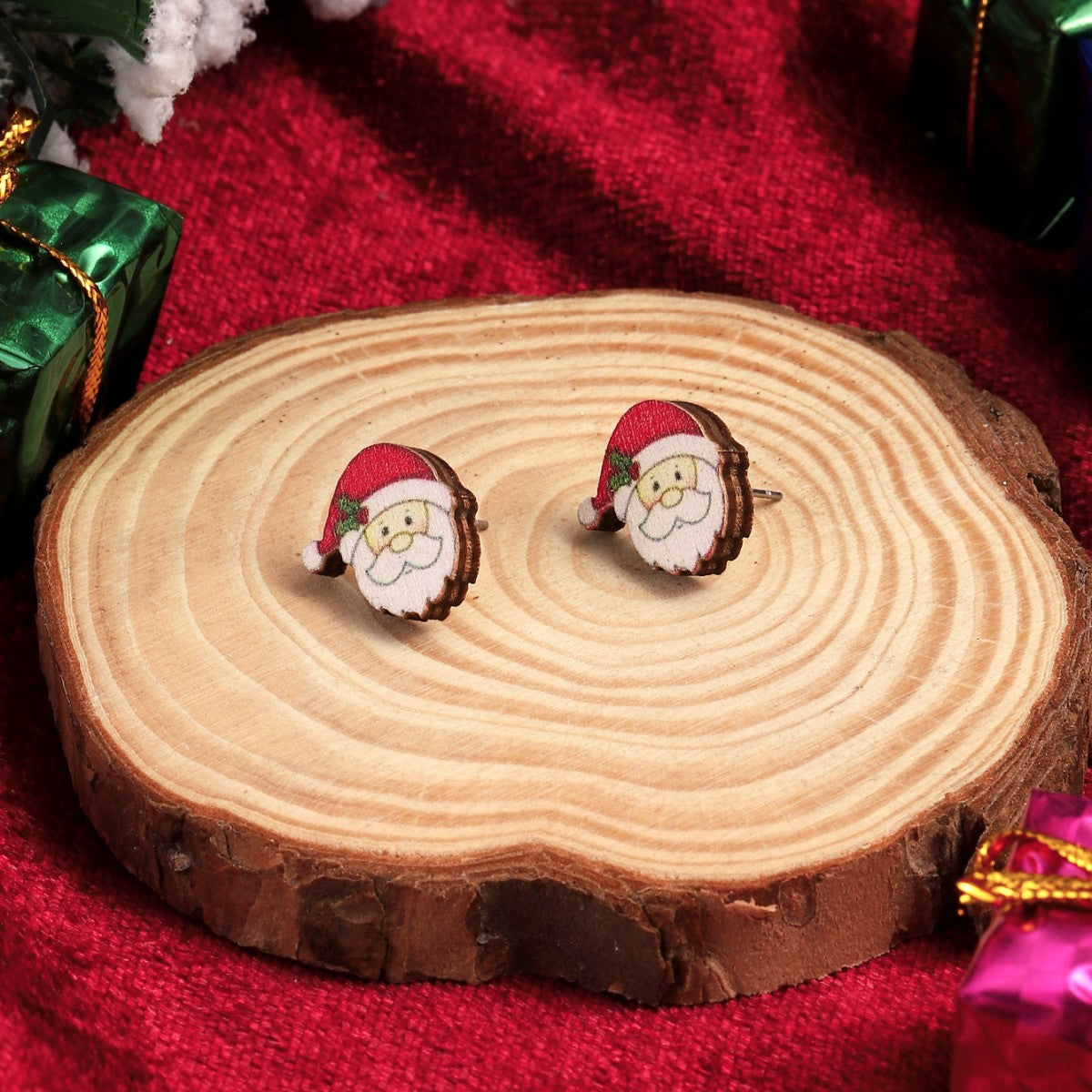 1 Pair Cute Christmas Tree Santa Claus Sock Wood Ear Studs