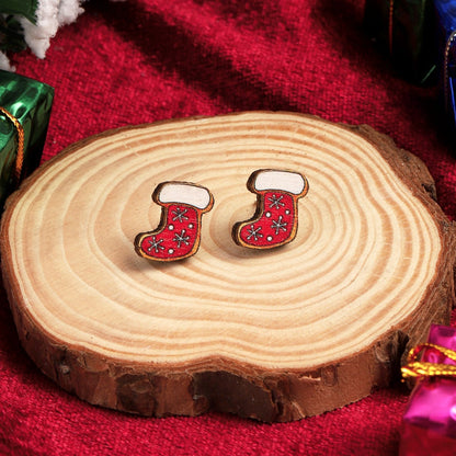 1 Pair Cute Christmas Tree Santa Claus Sock Wood Ear Studs