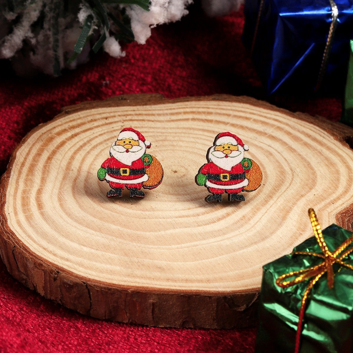 1 Pair Cute Christmas Tree Santa Claus Sock Wood Ear Studs