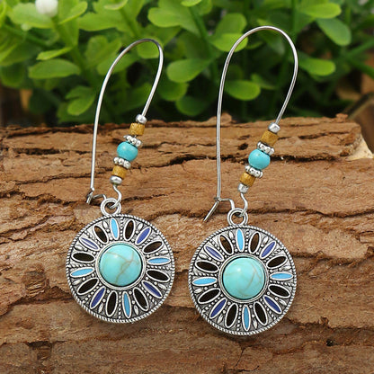 Wholesale Jewelry Casual Bohemian Round Rhombus Alloy Turquoise Hollow Out Inlay Drop Earrings