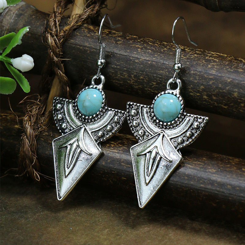 Wholesale Jewelry Casual Bohemian Round Rhombus Alloy Turquoise Hollow Out Inlay Drop Earrings