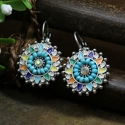 Wholesale Jewelry Casual Bohemian Round Rhombus Alloy Turquoise Hollow Out Inlay Drop Earrings