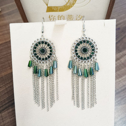 1 Pair Ethnic Style Round Tassel Alloy Plating Inlay Artificial Diamond Women's Drop Earrings