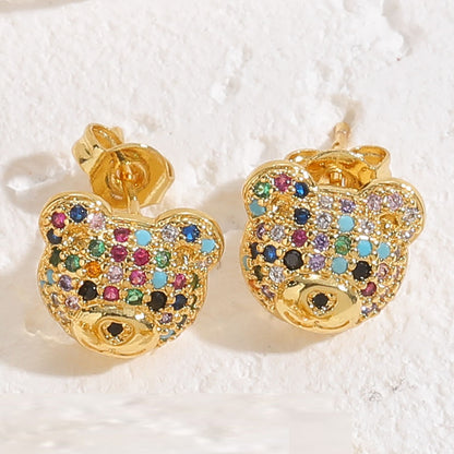 1 Pair Cute Simple Style Bear Plating Inlay Copper Zircon 14k Gold Plated Ear Studs