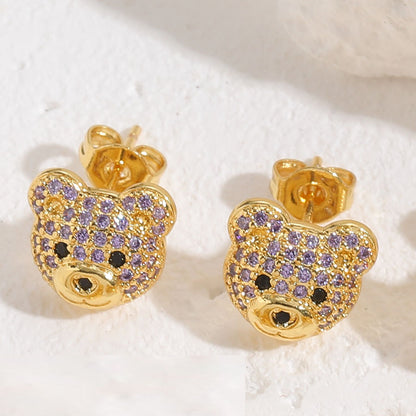 1 Pair Cute Simple Style Bear Plating Inlay Copper Zircon 14k Gold Plated Ear Studs