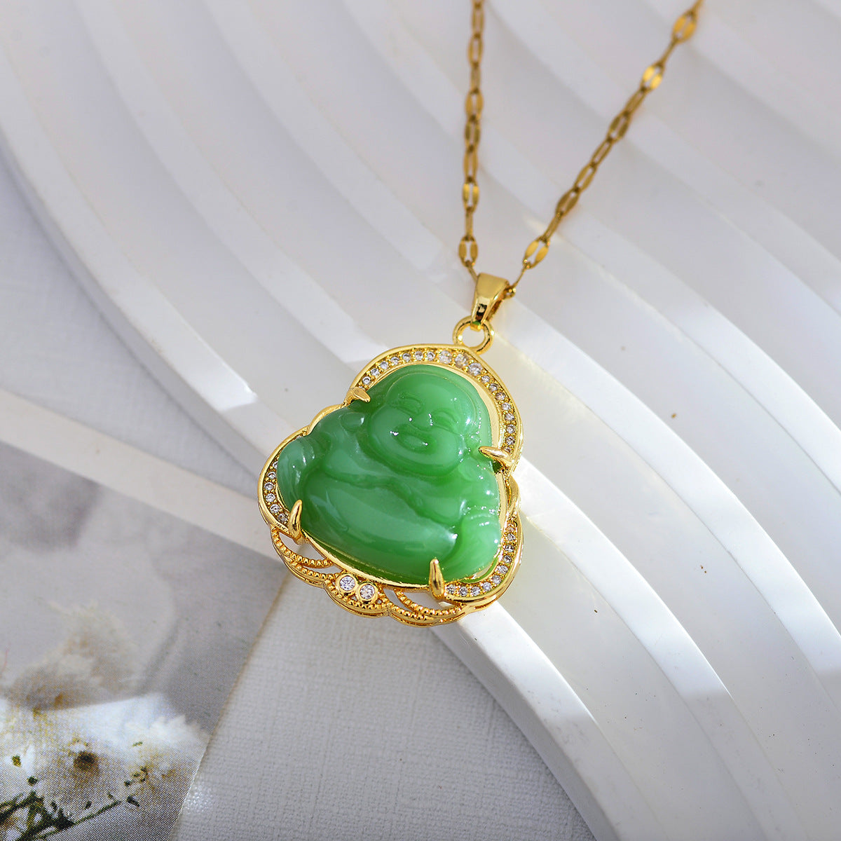 Simple Style Buddha Titanium Steel Copper Plating Inlay Opal Pendant Necklace