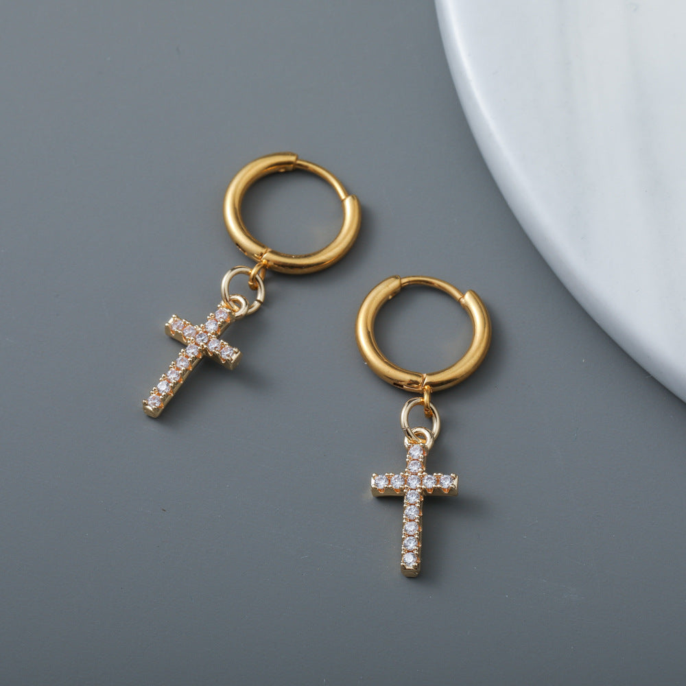 1 Pair Hip-hop Cross Plating Inlay Copper Zircon Drop Earrings