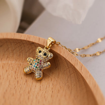 Cute Simple Style Little Bear Copper Plating Inlay Zircon 18k Gold Plated Pendant Necklace