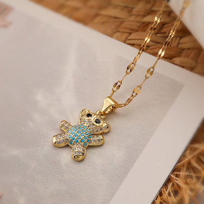 Cute Simple Style Little Bear Copper Plating Inlay Zircon 18k Gold Plated Pendant Necklace