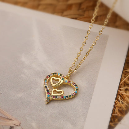 Elegant Lady Heart Shape Copper Plating Inlay Zircon 18k Gold Plated Pendant Necklace