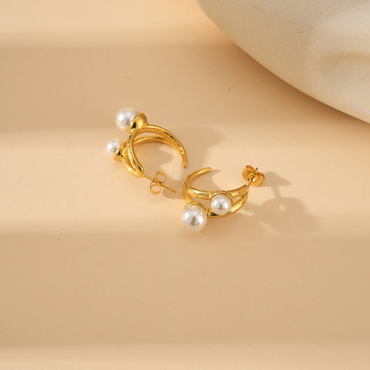 1 Pair Casual Vacation Classic Style C Shape Plating Inlay Stainless Steel Artificial Pearls Gold Plated Earrings