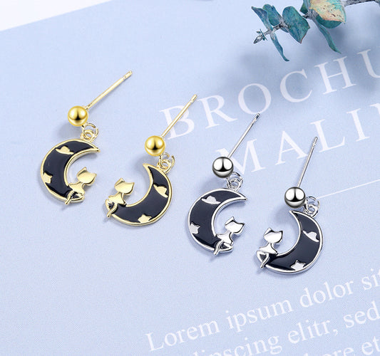 1 Pair Cute Moon Cat Epoxy Copper Drop Earrings