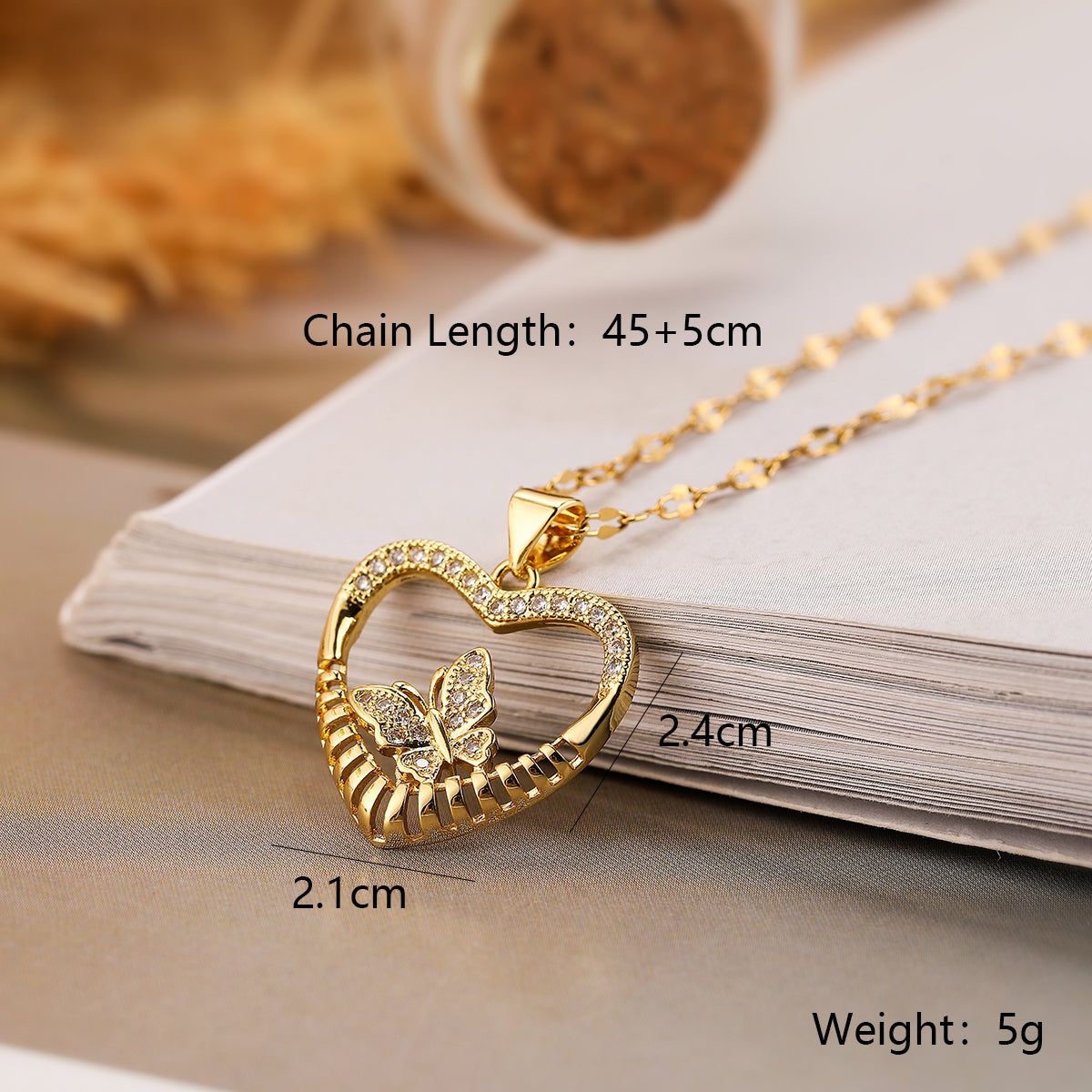 Sweet Simple Style Commute Heart Shape Butterfly Copper Plating Inlay Zircon 18k Gold Plated Pendant Necklace