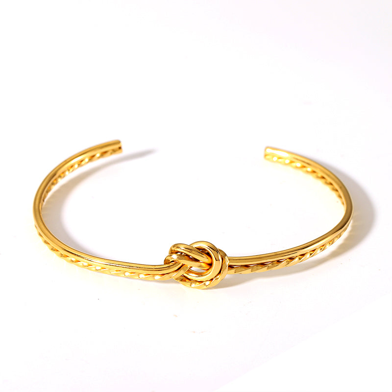 Vintage Style Electrocardiogram Leaves Knot Stainless Steel Plating 18k Gold Plated Bangle