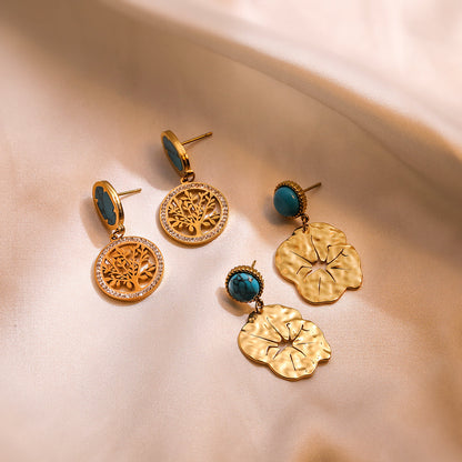 1 Pair Simple Style Commute Bc1035 Lucky Tree Plating Inlay Titanium Steel Turquoise Zircon 18k Gold Plated Drop Earrings