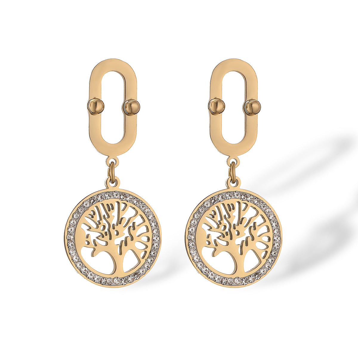 1 Pair Simple Style Commute Bc1035 Lucky Tree Plating Inlay Titanium Steel Turquoise Zircon 18k Gold Plated Drop Earrings