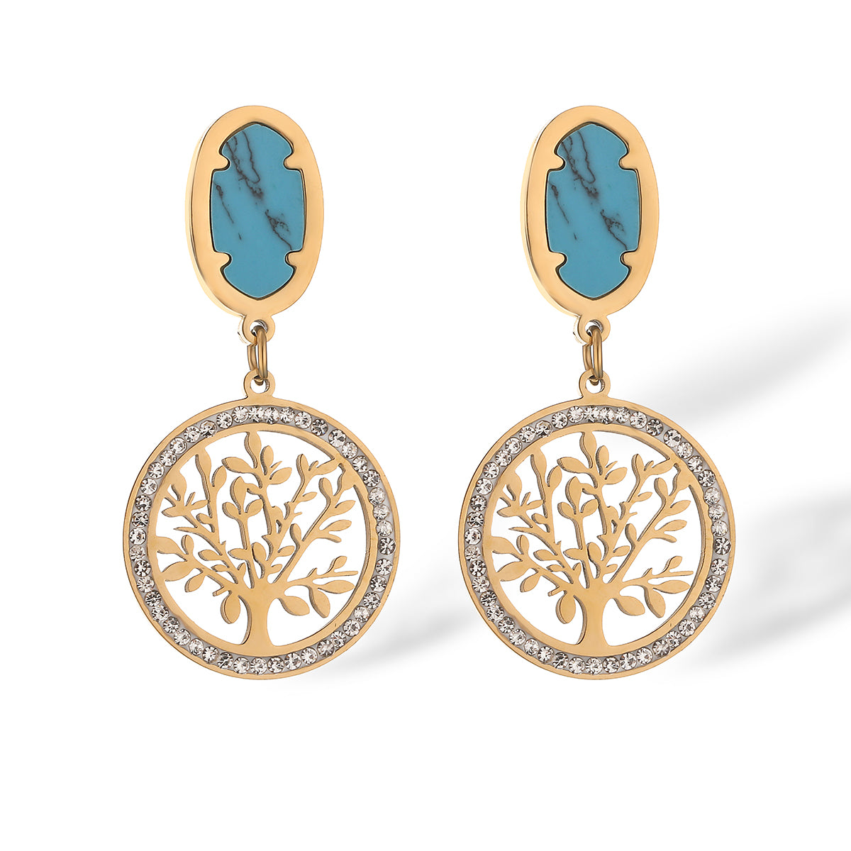 1 Pair Simple Style Commute Bc1035 Lucky Tree Plating Inlay Titanium Steel Turquoise Zircon 18k Gold Plated Drop Earrings