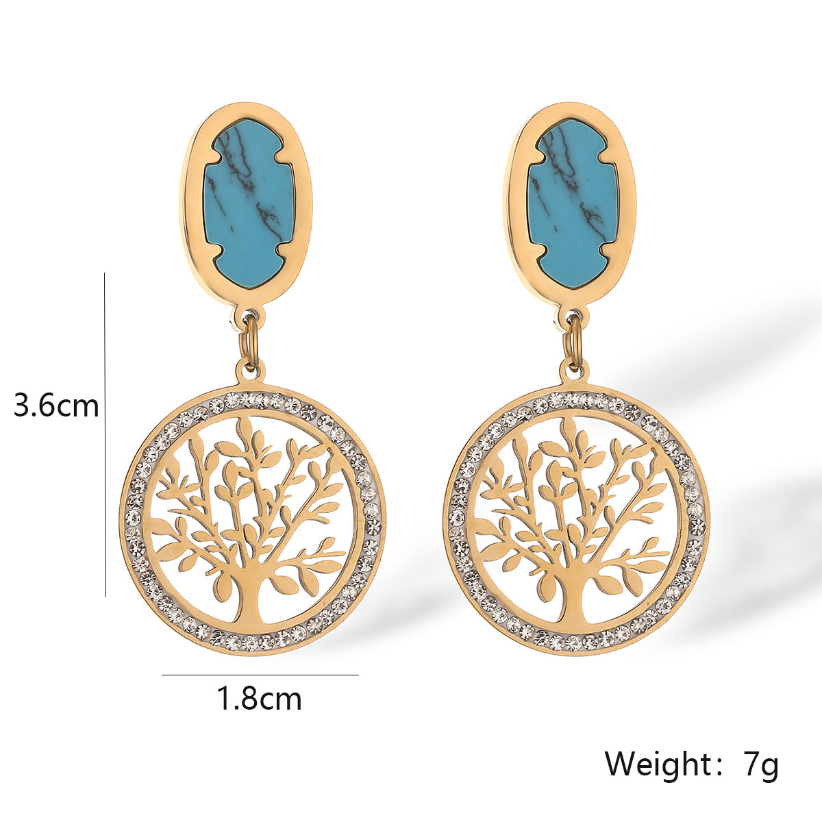 1 Pair Simple Style Commute Bc1035 Lucky Tree Plating Inlay Titanium Steel Turquoise Zircon 18k Gold Plated Drop Earrings