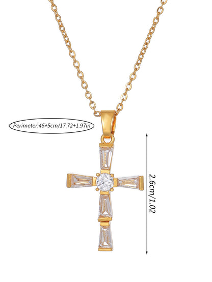 Elegant Streetwear Cross Stainless Steel Copper Plating Inlay Zircon 18k Gold Plated Pendant Necklace