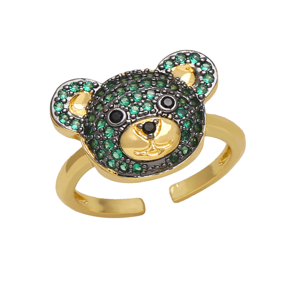 Cute Fashion Sweet Bear Copper 18k Gold Plated Zircon Open Rings In Bulk