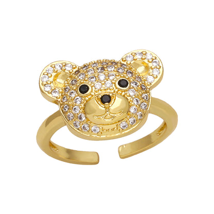 Cute Fashion Sweet Bear Copper 18k Gold Plated Zircon Open Rings In Bulk