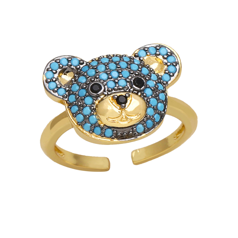 Cute Fashion Sweet Bear Copper 18k Gold Plated Zircon Open Rings In Bulk