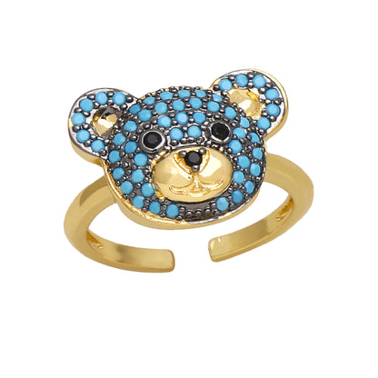 Cute Fashion Sweet Bear Copper 18k Gold Plated Zircon Open Rings In Bulk