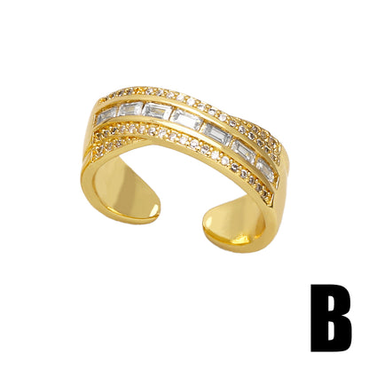 Fashion Simple Style Commute Cross Copper Plating Inlay Zircon 18k Gold Plated Open Rings