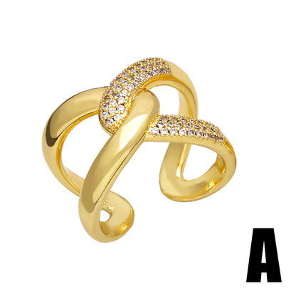 Fashion Simple Style Commute Cross Copper Plating Inlay Zircon 18k Gold Plated Open Rings