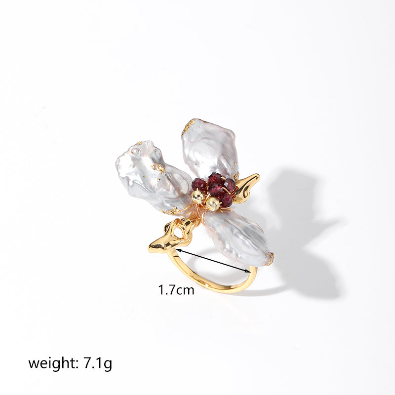 Baroque Style Flower Copper Plating Metal Inlay Artificial Crystal Freshwater Pearl 18k Gold Plated Open Rings