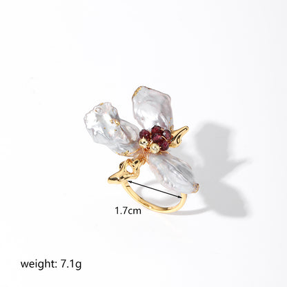 Baroque Style Flower Copper Plating Metal Inlay Artificial Crystal Freshwater Pearl 18k Gold Plated Open Rings