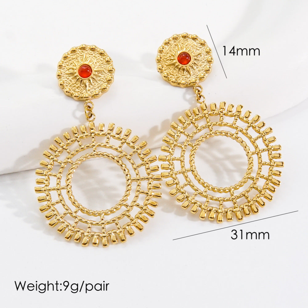 1 Pair Vintage Style Simple Style Circle Plating Inlay Stainless Steel Natural Stone Earrings