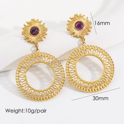 1 Pair Vintage Style Simple Style Circle Plating Inlay Stainless Steel Natural Stone Earrings