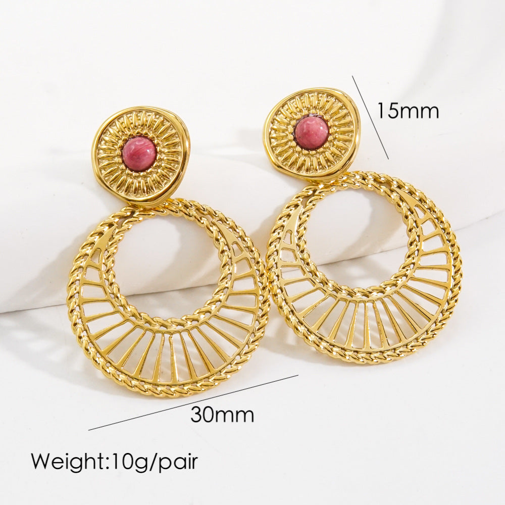 1 Pair Bohemian Circle Plating Inlay Stainless Steel Natural Stone Gold Plated Drop Earrings