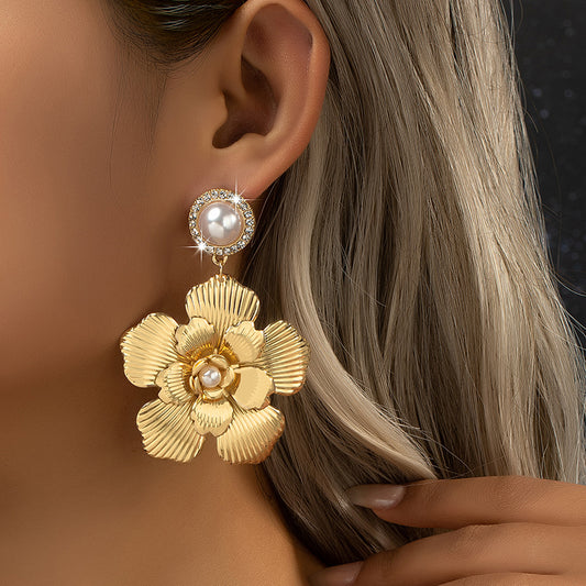 Wholesale Jewelry Lady Flower Alloy Artificial Rhinestones Artificial Pearls 14k Gold Plated Plating Inlay Drop Earrings