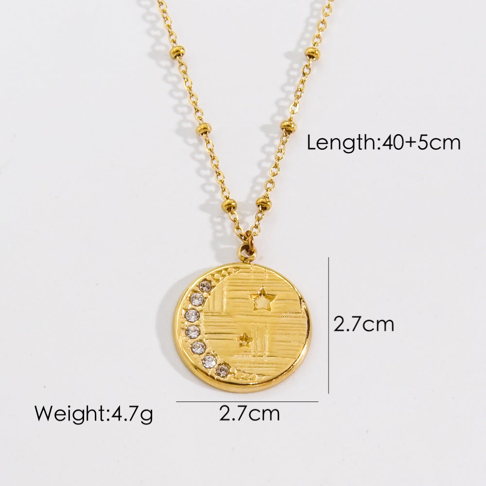 Simple Style Artistic Round Titanium Steel Plating Inlay Rhinestones 14k Gold Plated Pendant Necklace