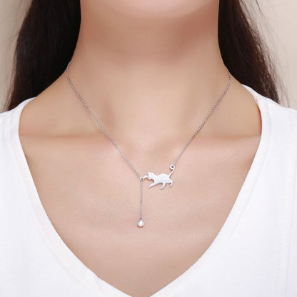 Casual Cute Little Bear Cat Butterfly Sterling Silver White Gold Plated Glass Zircon Necklace In Bulk