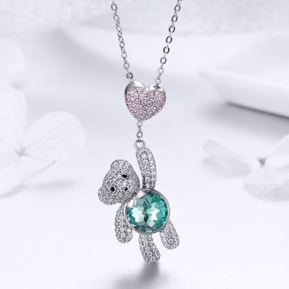 Casual Cute Little Bear Cat Butterfly Sterling Silver White Gold Plated Glass Zircon Necklace In Bulk