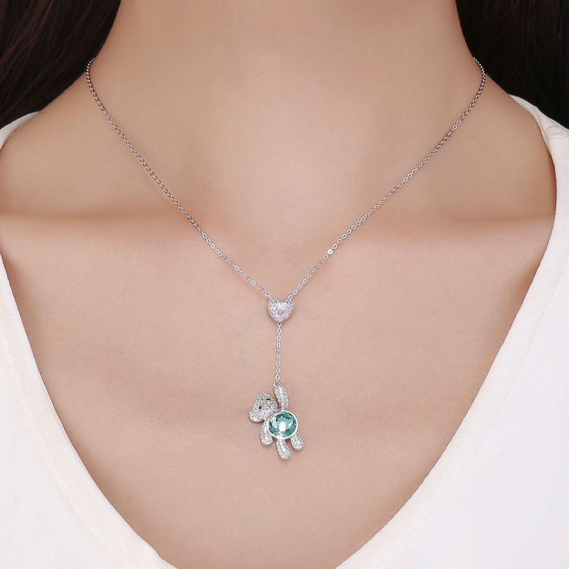 Casual Cute Little Bear Cat Butterfly Sterling Silver White Gold Plated Glass Zircon Necklace In Bulk