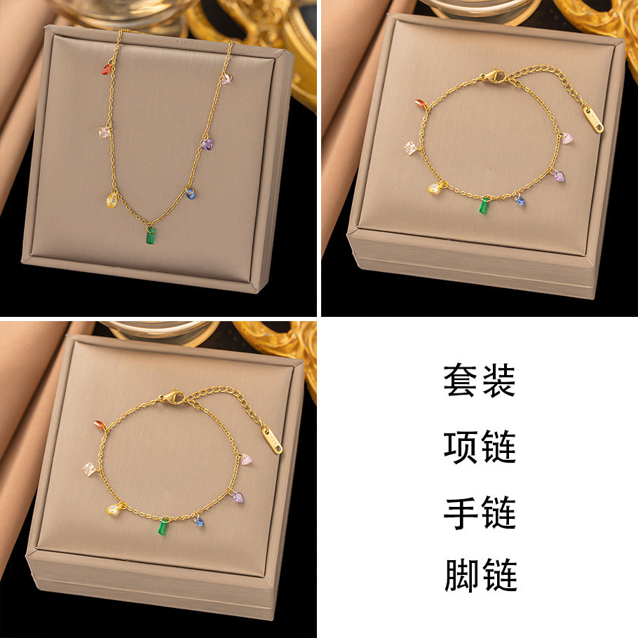 Wholesale Sweet Oval Rectangle Titanium Steel Inlay Zircon Bracelets Necklace