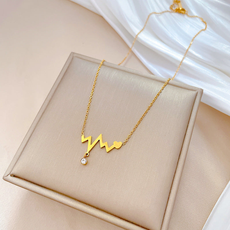 Modern Style Simple Style Commute Electrocardiogram Titanium Steel Plating Inlay Artificial Gemstones Gold Plated Pendant Necklace