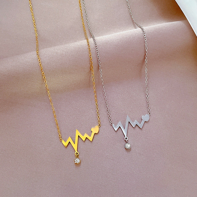 Modern Style Simple Style Commute Electrocardiogram Titanium Steel Plating Inlay Artificial Gemstones Gold Plated Pendant Necklace